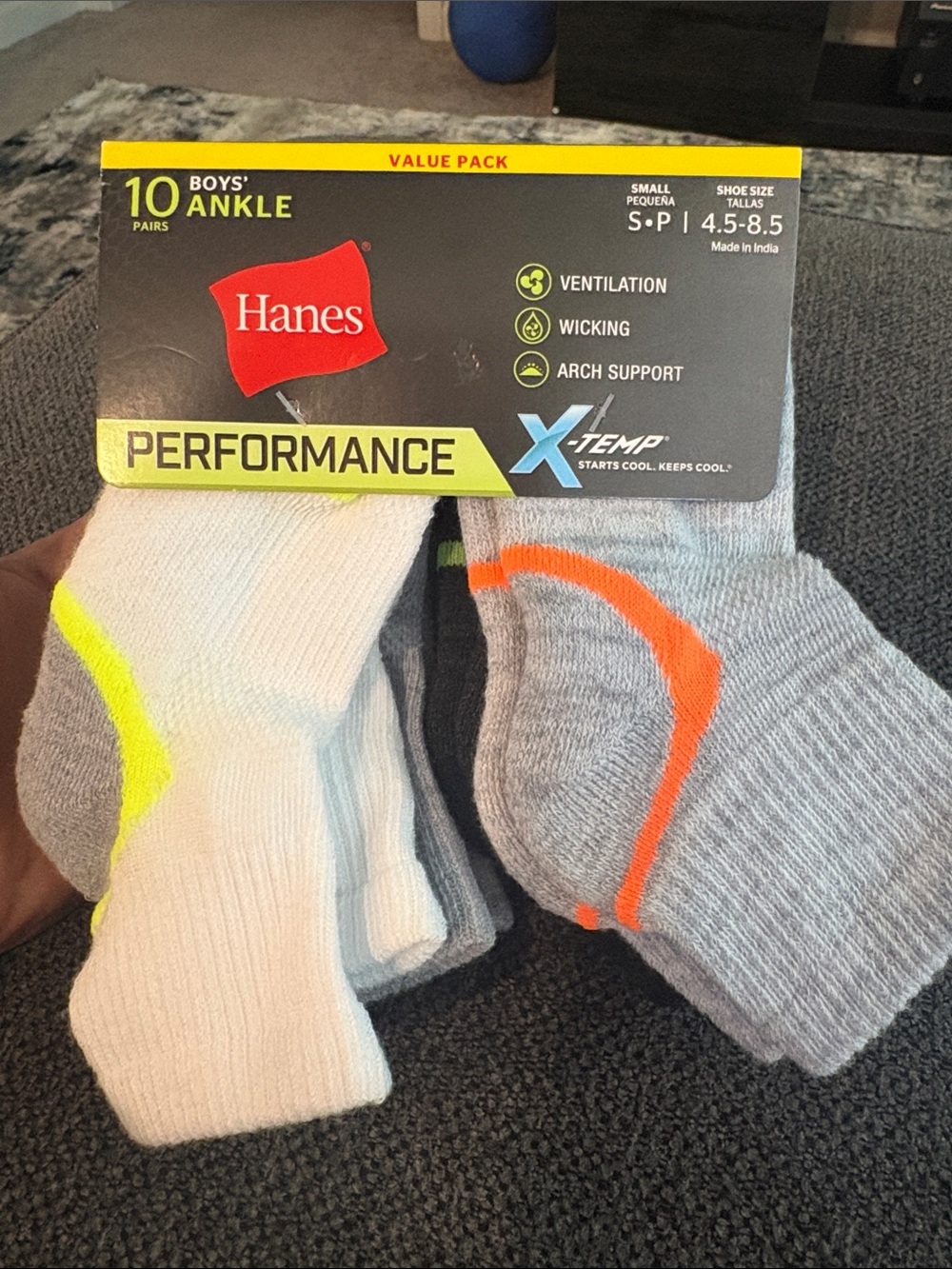 Hanes Performance Boys' Ankle Socks - White & Gray with Neon Accents (10-Pack)